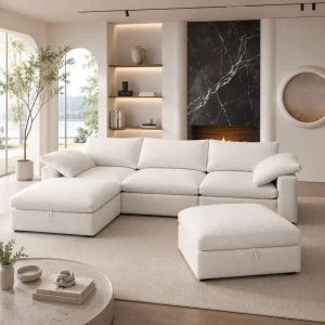 Modern Furniture Chenille Linen Mix Fabric Living Room 3 4 5 6 7 Seater Cloud White Modular Sectional Couch Sofa Set