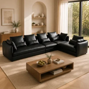 Modern Genuine Leather Eco Friendly Sectional Sofa with Chaise Sponge Filled Loose Pillows for Apartment and Hotel Living Rooms