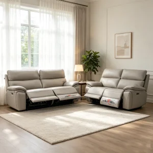 Modern Genuine Leather Extendable Sectional Sofa Electric Reclining Wood Frame Living Room Furniture Power Headrest
