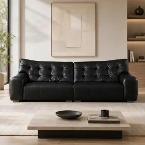 Modern Genuine Leather L Shaped Two Seat Sofa with Tufted Backrest and Sponge Filling for Living Room Apartment Hotel Use