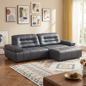 Modern Genuine Leather Sponge Filled Sectional Sofabed Stainless Steel Legs Pillow Back for Living Room Hotel Apartment Villa