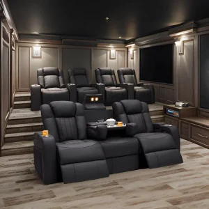 Modern Genuine Leather VIP Cinema Home Theater Electric Recliner Sectional Sofa Set Wood Legs Cooling Feature Cup Living Rooms