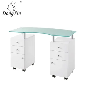 Modern Glass Nail Desk Table with Metal Frame for Outdoor Beauty Salon Manicure