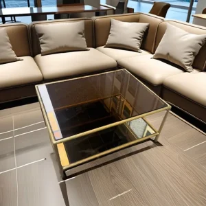 Modern Gold Frame Glass Coffee Table with Lower Shelf