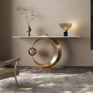 Modern Gold Stainless Steel Console Table Luxury Rock Slab Rectangle Glass Entryway Shelf Kitchen Hotel Living Room Furniture