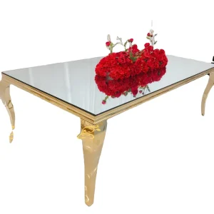 Modern Gold Stainless Steel Hotel Furniture Dining Tables with Tempered Glass Top for Wedding Party Event Use
