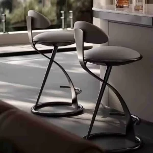 Modern Gold Swivel Bar Stool with Upholstered Grey Velvet Seat Back Ergonomic Design High Bar Chair