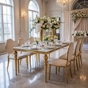 Modern Golden Stainless Steel Farmhouse Outdoor Dining Table Hotel Furniture Tempered Glass Marble Top for Wedding