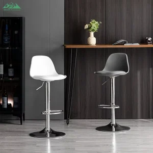 Modern Gray Leather Swivel Bar Stool with Black Metal Base Adjustable Height and Footrest for Home Bar