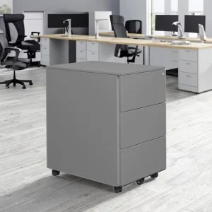 Modern Gray Mobile Filing Cabinet Wheels 3 Drawers Movable Pedestal Metal Steel Construction Workshop Use Keys