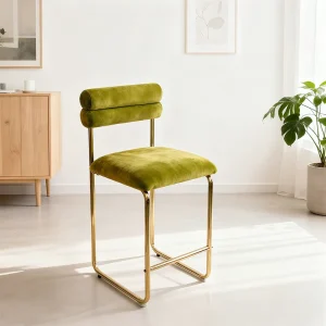 Modern Green Velvet Counter Height Bar Stool with Golden Metal Frame and Footrest