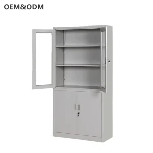 Modern Grey Adjustable Steel Filing Cabinet with Half Glass Doors for Hospital & School Office Storage