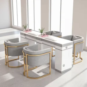 Modern Grey Gold Manicure Table Set with Nail Chairs Luxury Marble Nail Station for Beauty Salon