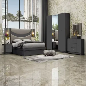 Modern Grey Luxury Melamine Apartment Hotel Bedroom Furniture Set Soft Headboard King Size Double Beds