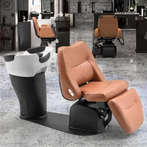 Modern Hair Salon Shampoo Chair Electric Backwash Waterproof PU Leather Stainless Steel Frame Ceramic Basin Adjustable Footrest