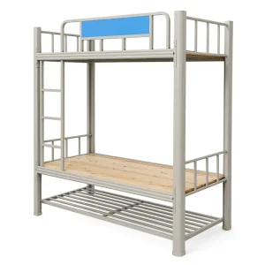 Modern Heavy-Duty Metal Bunk Bed Frame with Wooden Slats and Safety Ladder for Dormitory Use