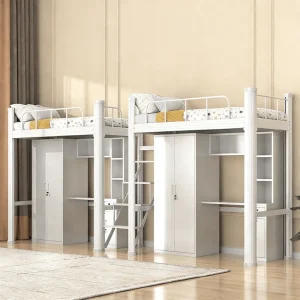 Modern Heavy Duty Metal Loft Bed with Desk and Wardrobe Storage Twin Size Dormitory Bed for Student Hostel School Furniture