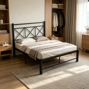 Modern Heavy Duty Platform Metal Slats Bed Frame Matte Black Home Furniture No Box Spring Easy Assembly Durable Hotel Apartment