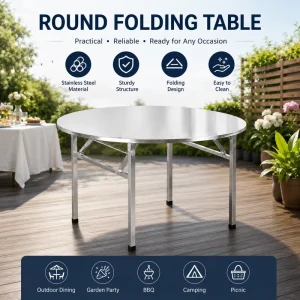 Modern Heavy Duty Round Folding Stainless Steel Portable Dining Table for Outdoor Hotel School Catering Use
