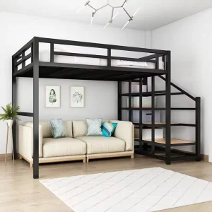 Modern Heavy Duty Steel Metal Dormitory Bed with Wood Stairs for Adults