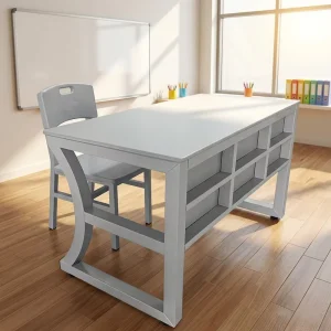 Modern Heavy Duty Teathers Desk with Chair Metal Frame Eco Friendly Adjustable Height Storage Shelves Classroom Furniture