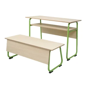 Modern Heavy-Duty Wood School Desk and Bench with Green Metal Legs for Outdoor School Events and Bedroom Home Office Use