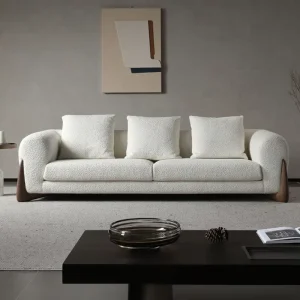 Modern High End Three Seater Fabric Sofa with Filled Cushions Wood Legs Minimalist Design for Living Room Apartment Mall Use