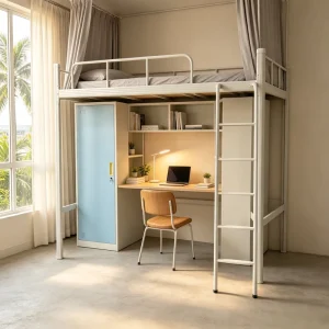 Modern High Sleeper Metal Frame Bed with Storage Closet and Computer Desk for Student Apartment
