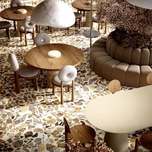 Modern High end Durable Round Solid Wooden Fabric Cafe Restaurant Furniture Booth Seating Table and Chair Set for Pizza Tea Shop