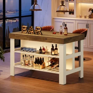 Modern Home Bar Table Unit with Storage Shelves 55.1 Inch Counter Height Bar Cabinet Kitchen Dining Room Panel