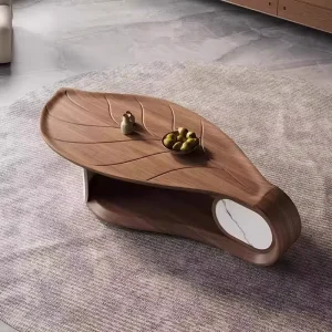 Modern Home Coffee Table Leaf Shape Wooden Panel Design MDF Top Walnut Color Adjustable Living Room Furniture