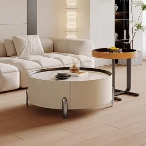 Modern Home Furniture Living Room Steel Coffee Table with Drawers Round Side Table Set