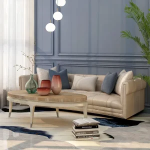 Modern Home Furniture Oval Coffee Table with Tapered Legs & Slatted Gallery Mango Wood Panel for Living Room Use