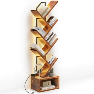 Modern Home Office 6 Tier Narrow Wood Bookshelf with LED Lights Customized Logo Eco Friendly Storage Tree Bookshelf