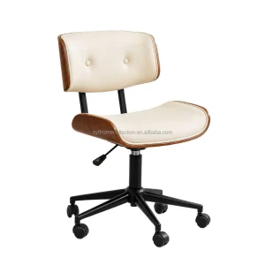 Modern Home Office Chair Mid Century Walnut Wood Accent Desk Chair with Black PU Upholstered Seat Swivel Chair with Wheels