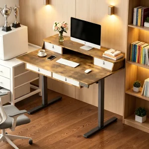 Modern Home Office Computer Desk with Drawer Storage Shelves Adjustable Height Ergonomic Design Steel Wood Construction