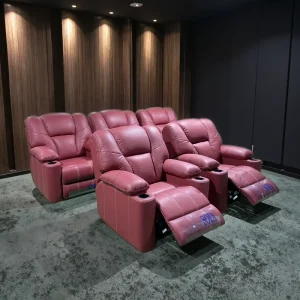 Modern Home Theater Cinema Recliner Chair in Red Leather Wood Material for Media Room Theatre Furniture and Movie Seating