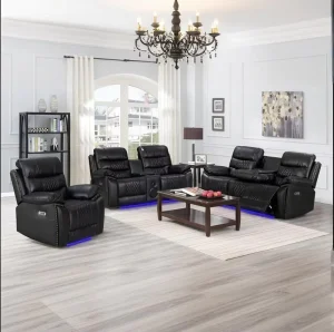 Modern Home Theater Genuine Leather Manual Reclining Sofa 3+2+1 Set with LED Light & Cup Holder Cinema Sofa Solid Wood Frame