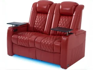 Modern Home Theater Two Seat Top Grain Leather Recliner Chair with Electric Headrest and Tray Table