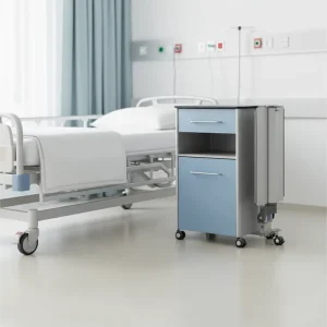 Modern Hospital Bedside Cabinet with Foldable Dining Table Aluminum Frame HPL Top Drawer Side Folding Table Bedside Locker