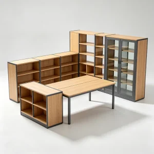 Modern Hospital School Library Furniture Wooden Bookshelf Modular Reading Table Storage Rack Stainless Steel Frame Glass Door