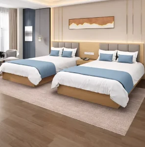 Modern Hotel Bedroom Furniture Set Single Double Bed Nightstand Desk Chair Wooden Frame with Blue Accent Linens