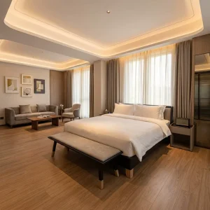 Modern Hotel Bedroom Set OEM ODM Upholstered Headboard MDF Veneer Hotel Resort Apartment Bedroom Furniture