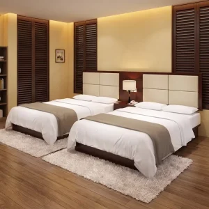 Modern Hotel Bedroom Set Twin Bed Upholstered Headboard Wood Frame Padded Panel Guest Room Commercial Project Apartment Villa