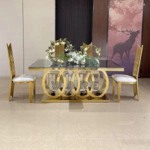 Modern Hotel Furniture Bridal and Groom Banquet Dining Table Glass Top Gold Stainless Steel Centre De Table Wedding