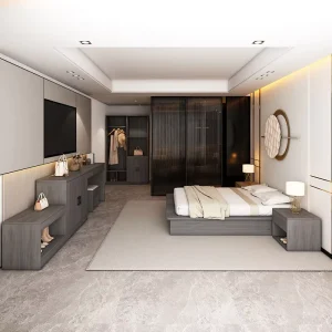 Modern Hotel Hostel Furniture Set Beige Wood Panel Platform Bed Base for Apartment Guesthouse Inn