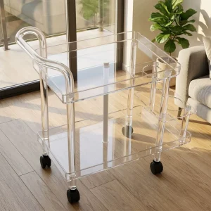 Modern Hotel Living Room Furniture Acrylic Clear Transparent Tray Trolley with Wine Rack and Black Wheels