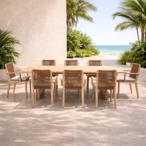 Modern Hotel Outdoor Teak Wood Dining Set with Rope Woven Chairs Waterproof Cushions Durable Lightweight Design for Resorts