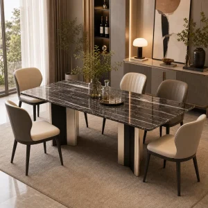 Modern Hotel Rectangular Dark Marble Dining Table Two Tone Brushed Stainless Steel Legs