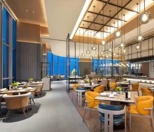 Modern Hotel Restaurant bar Set Furniture Supplier Dining Table Set with Leather and Wooden Chairs for Hotels